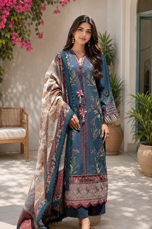 Azure Bloom – Premium Blue Embroidered 3 Piece Lawn Suit