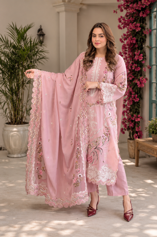 Blush Grace – Luxury Pink Embroidered 3 Piece Lawn Suit