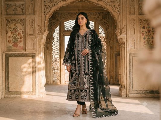 Midnight Elegance Luxury Embroidered 3-Piece Lawn Suit